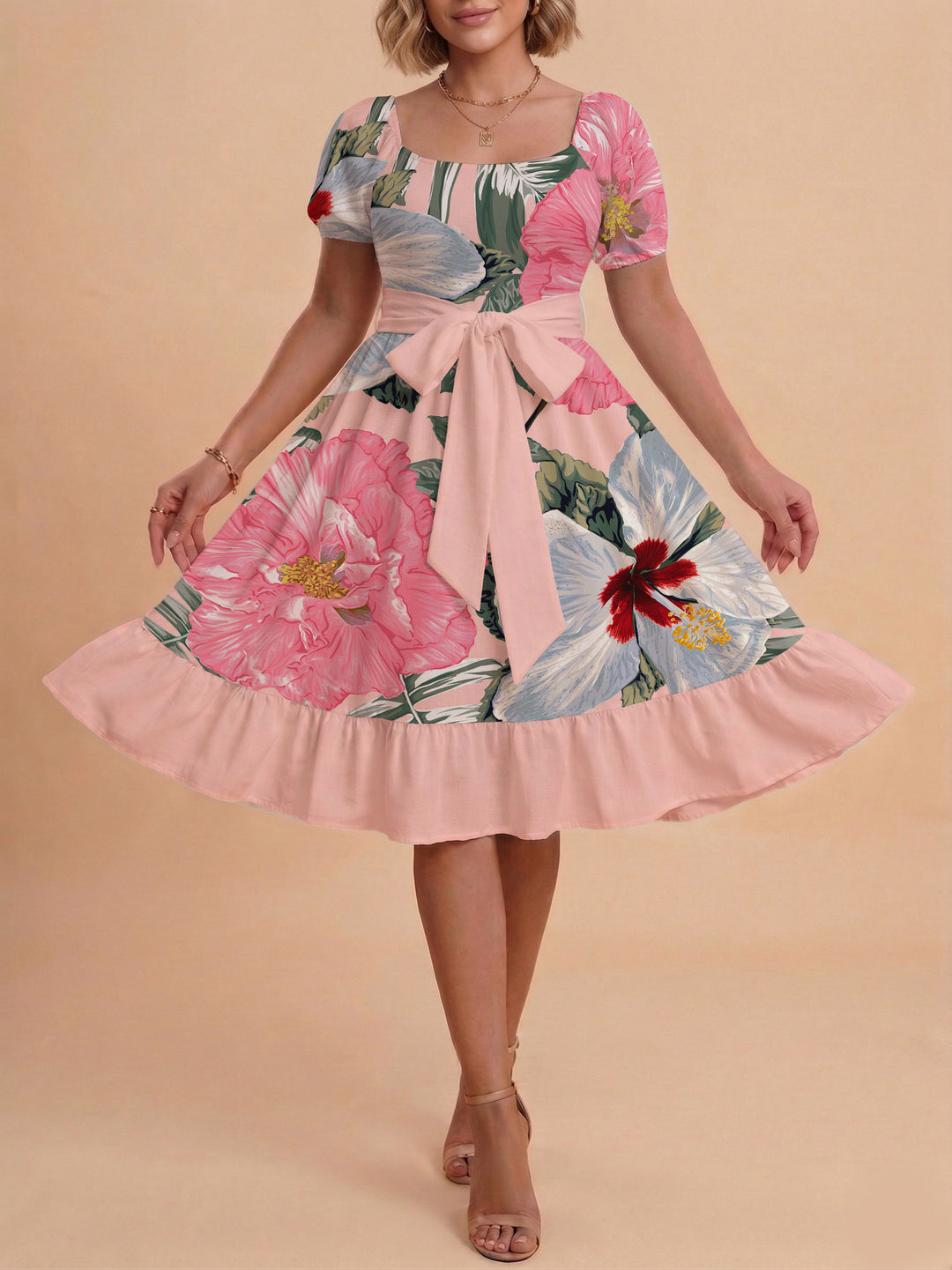Damen Sommerkleid mit floralem Puffärmel und taillierbarem Gürtel Drune