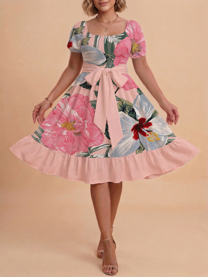 Damen Sommerkleid mit floralem Puffärmel und taillierbarem Gürtel Drune