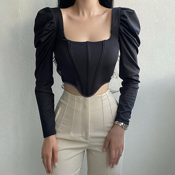 Damen tailliertes Oberteil mit eleganten Puffärmeln und quadratischem Ausschnitt Drune
