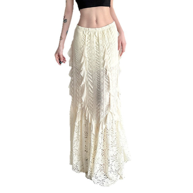 Damen eleganter Maxirock mit raffinierten Rüschen und Spitzenakzenten Drune