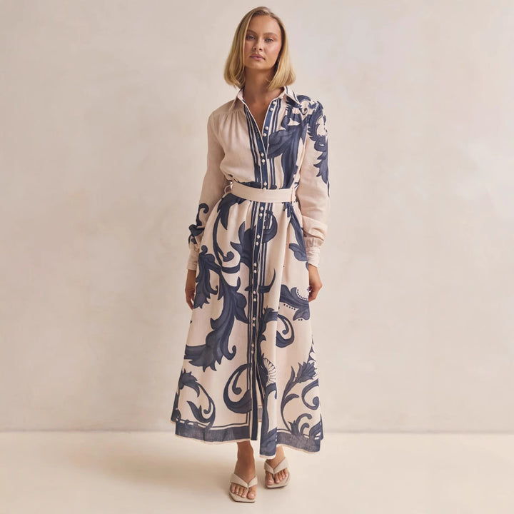 Damen Langarmhemdkleid mit floralen Akzenten und Taillengürtel Drune