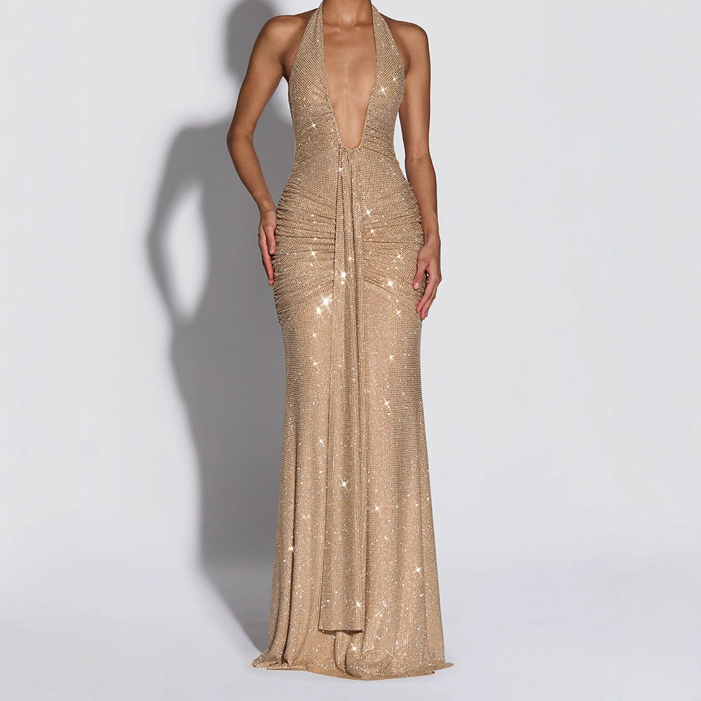 Damen Glamouröses Abendkleid mit tiefem V-Ausschnitt und funkelnden Details Drune