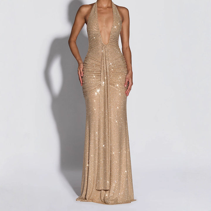 Damen Glamouröses Abendkleid mit tiefem V-Ausschnitt und funkelnden Details Drune