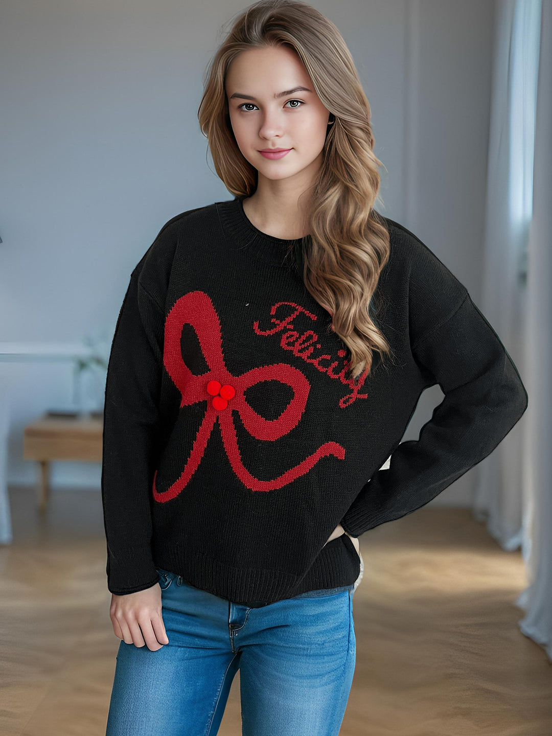 Damen lässiger Pullover mit verspieltem Schleifenmotiv und weichem Material Drune