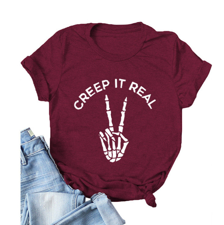 Damen Kurzarm Grafik-T-Shirt mit verspieltem Skelettdesign Drune