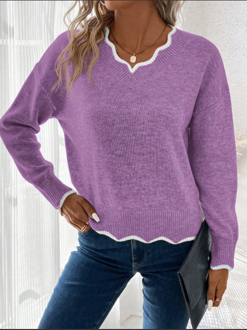 Damen legerer V-Ausschnitt Pullover mit gezacktem Saum Drune
