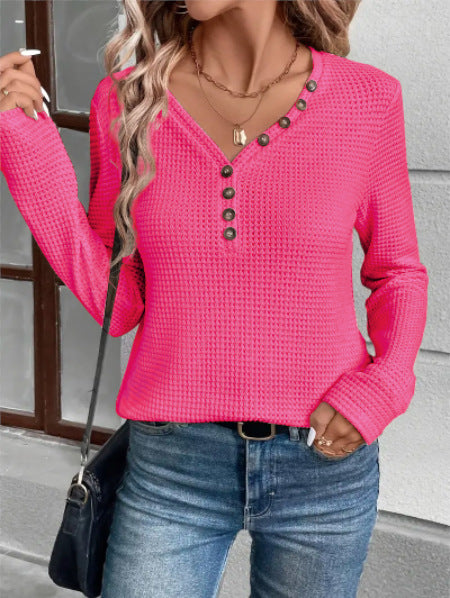 Damen Waffelstruktur Langarmshirt mit Knopfleiste Drune