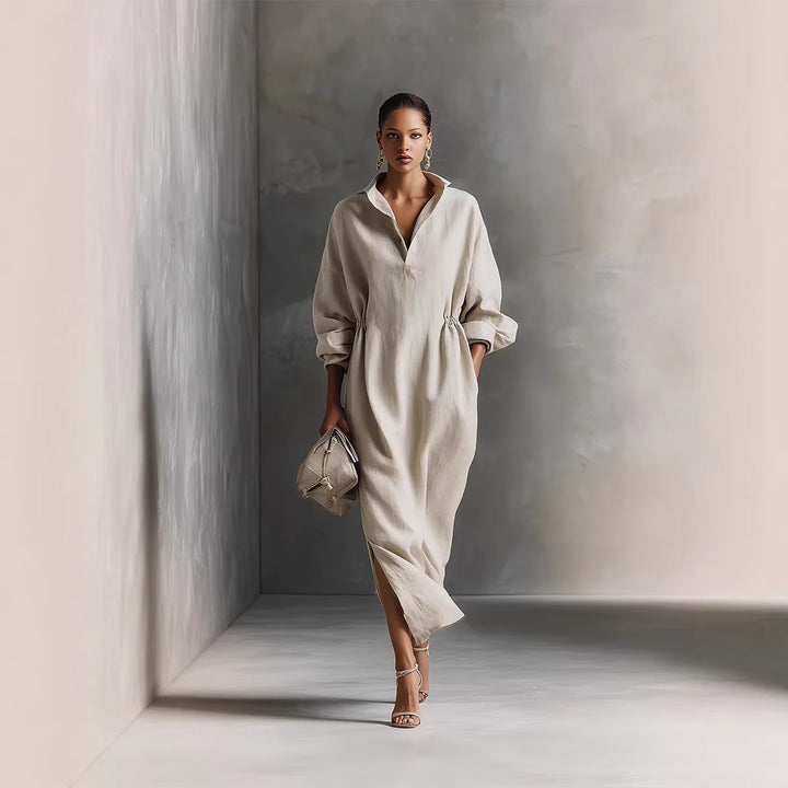 Damen stilvolles Midikleid mit Bindegürtel und klassischem Kragen Drune