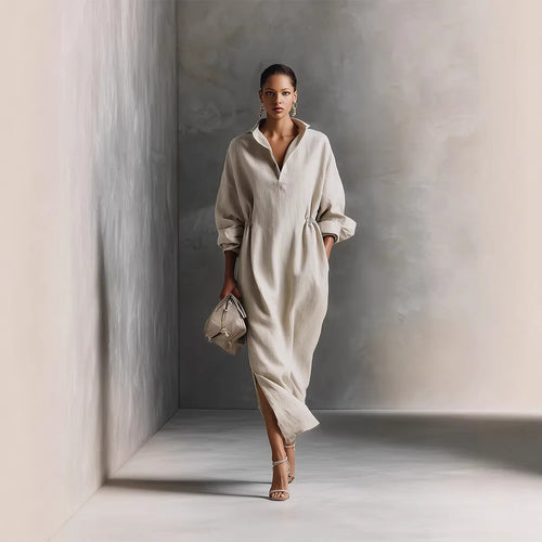 Damen stilvolles Midikleid mit Bindegürtel und klassischem Kragen Drune
