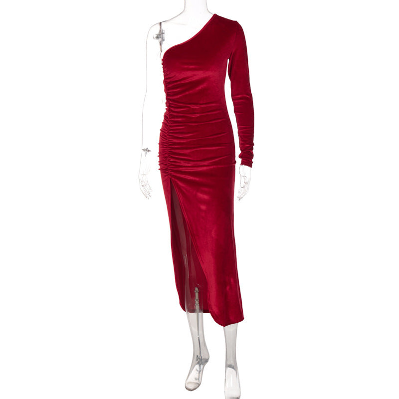 Damen stilvolles Ein-Schulter-Kleid mit Raffungen und Schlitz Drune
