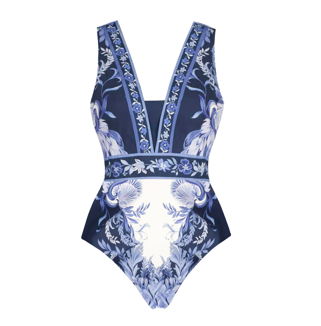 Damen Einteiler Badeanzug mit floralem Design und V-Ausschnitt Drune