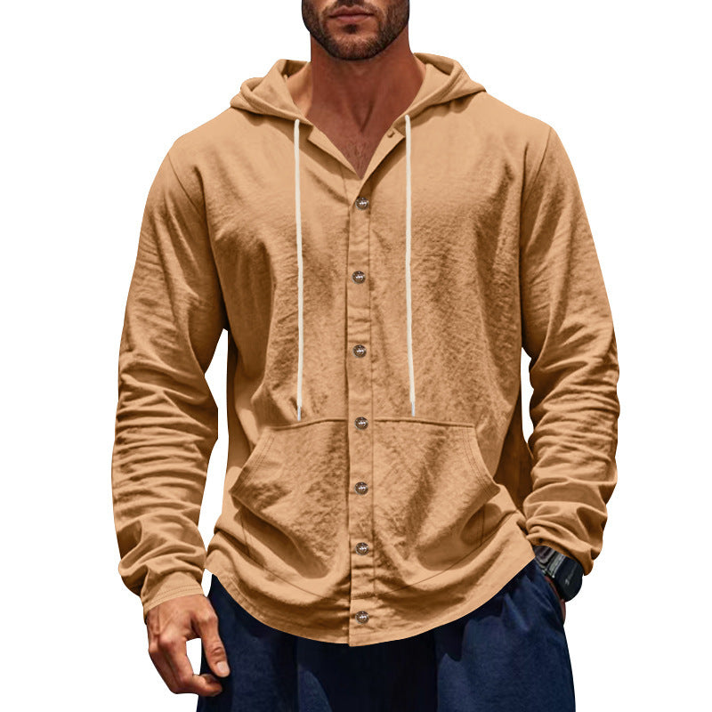 Herren nan knopfverschlossene Kapuzenhemdjacke aus leichtem Baumwollmix mit Kängurutasche Drune