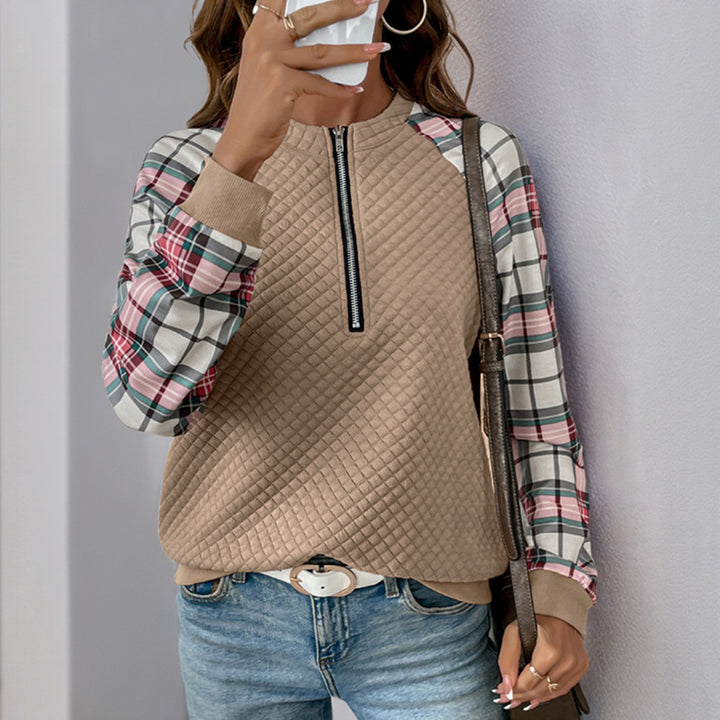 Damen modischer Pullover mit Karomuster und Reißverschluss Drune