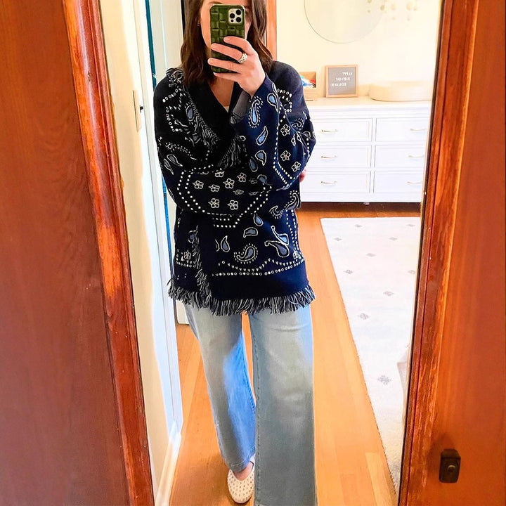 Damen Fransen Poncho mit Bandana-Muster Drune