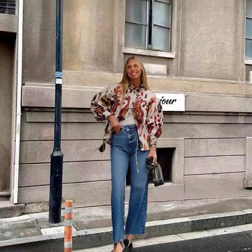 Damen Modische halbärmelige Bluse mit voluminösen Ärmeln Drune