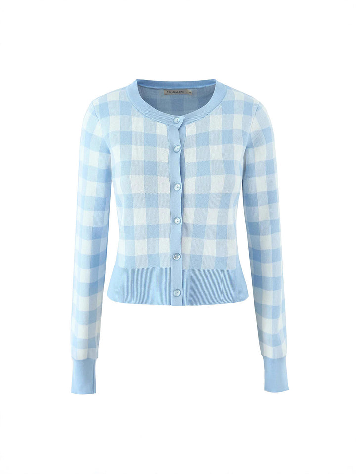 Damen modischer karierten Strickjacke mit Rundhalsausschnitt und Knopfverschluss Drune