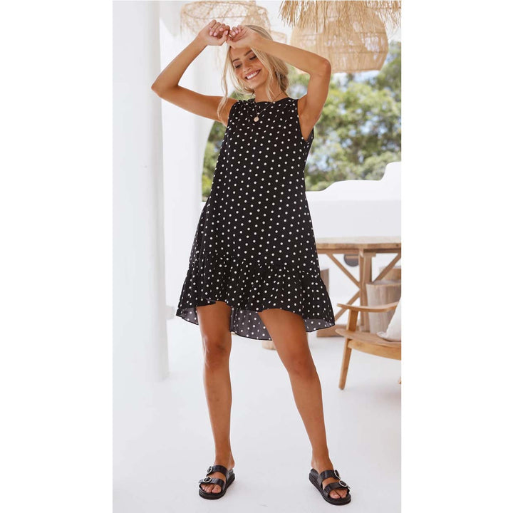 Damen Freizeitkleid mit rüschengesäumtem Rock und polka-dots Drune