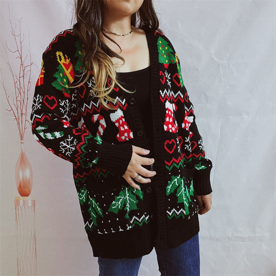 Damen Weihnachts-Strickjacke mit festlichem Design und knöpfbarem Schnitt Drune