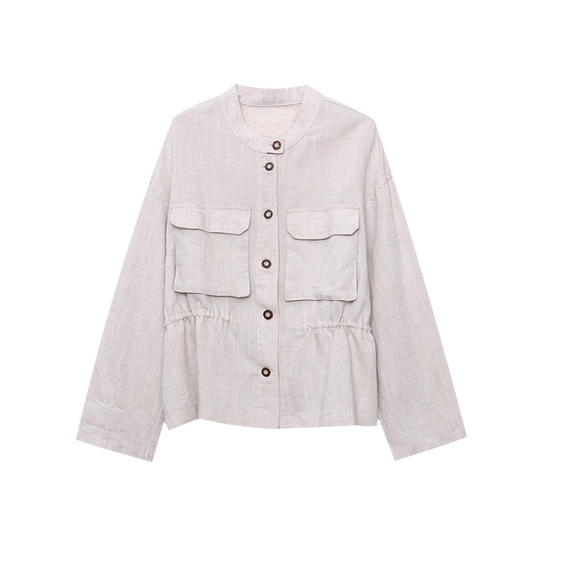 Damen lässige Leinenjacke mit modischem Stehkragen und praktischen Taschen Drune