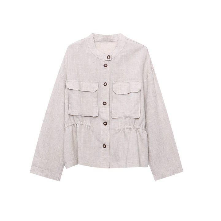 Damen lässige Leinenjacke mit modischem Stehkragen und praktischen Taschen Drune