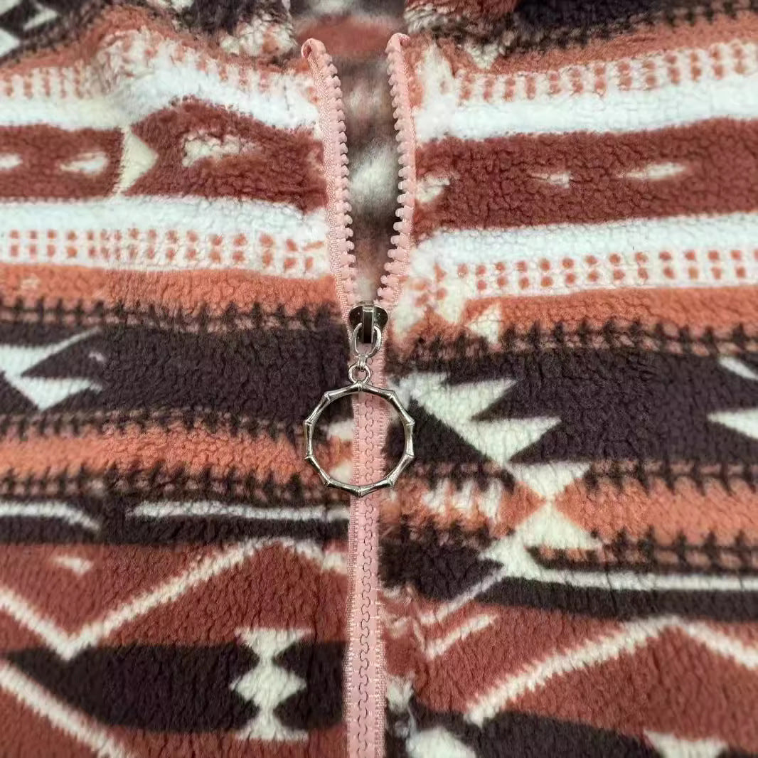 Damen kuschelige Fleecejacke mit modernem Aztekenmuster Drune