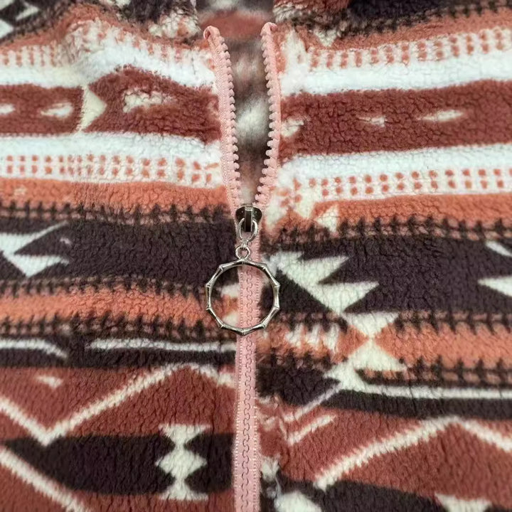 Damen kuschelige Fleecejacke mit modernem Aztekenmuster Drune