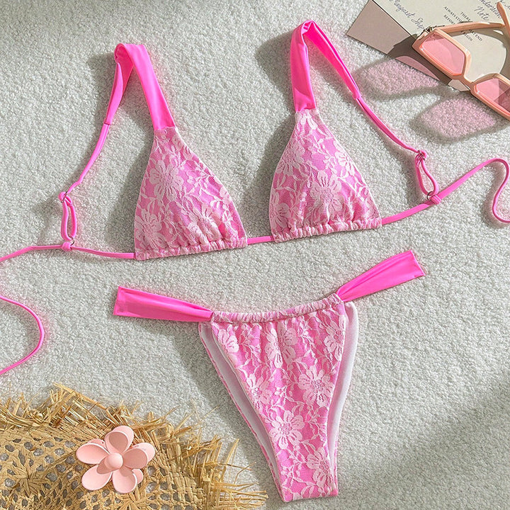 Damen Triangel-Bikini mit floralem Spandex-Muster und verstellbaren Trägern Drune