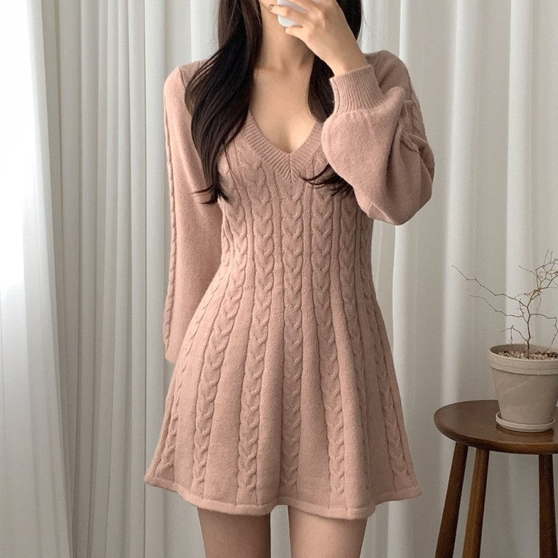 Damen Strickkleid mit V-Ausschnitt und langen Puffärmeln Drune