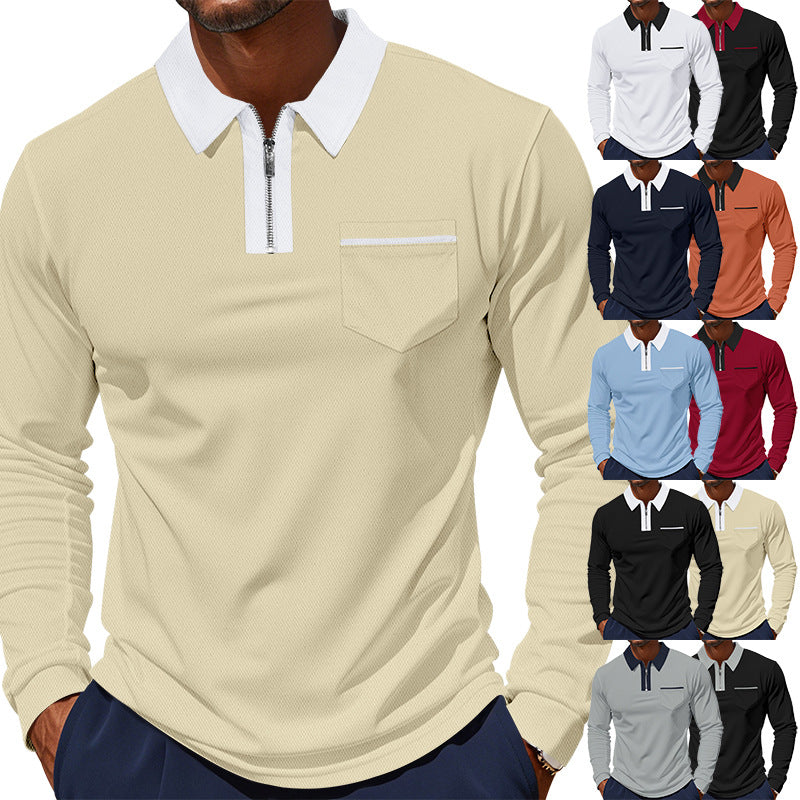 Herren nan langärmeliges Zip-Poloshirt mit Brusttasche und Kontrastkragen Drune