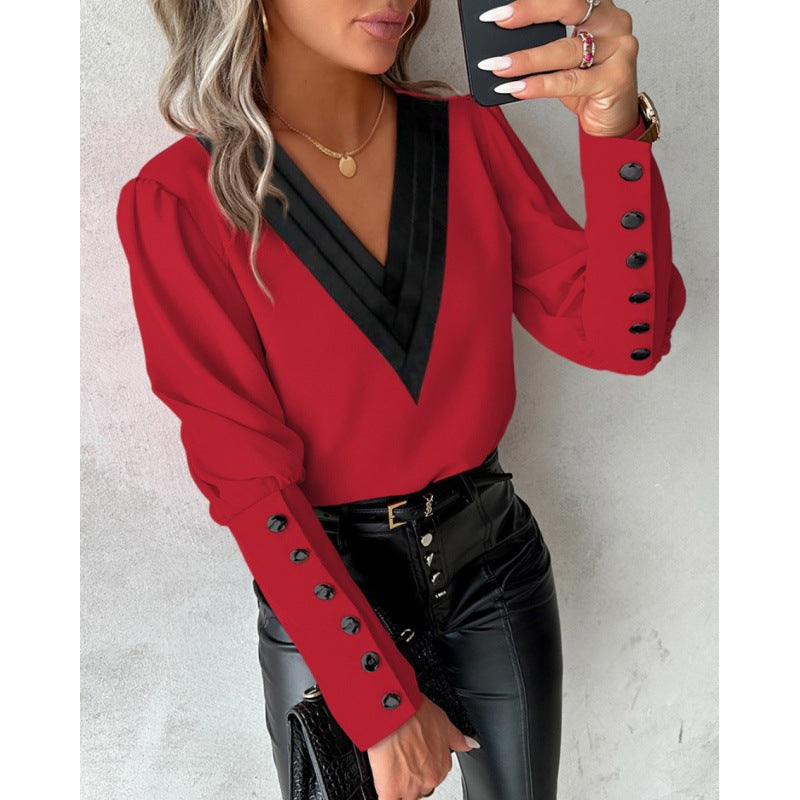 Damen Elegant geschnittene Bluse mit V-Ausschnitt und Puffärmeln Drune
