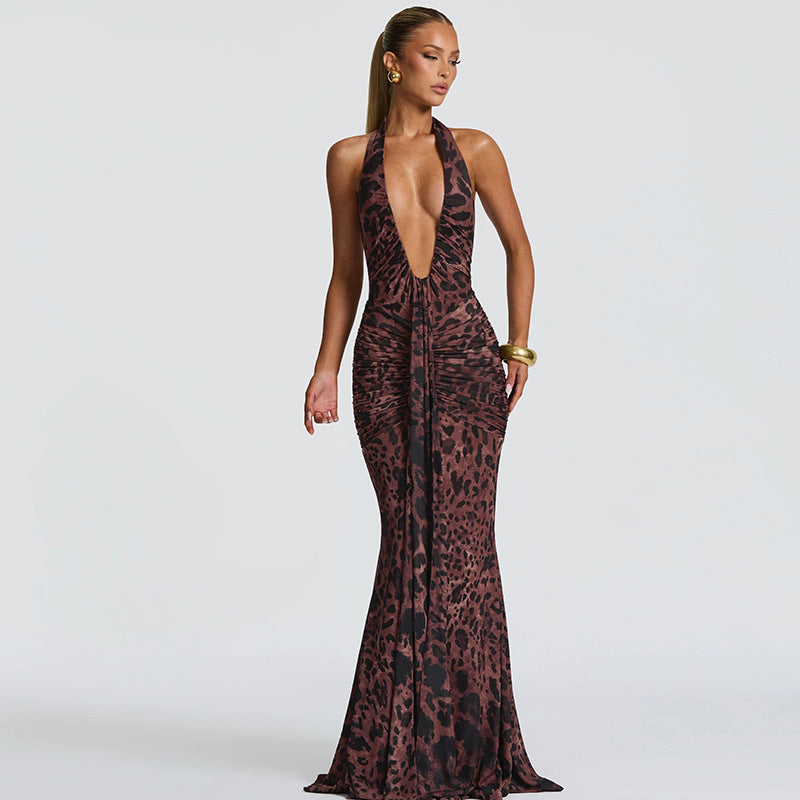 Damen Elegantes Maxikleid mit tiefem V-Ausschnitt und Raffungen Drune