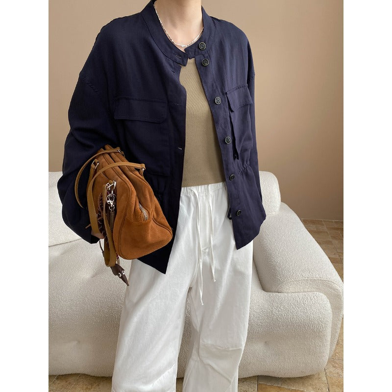 Damen lässige Leinenjacke mit modischem Stehkragen und praktischen Taschen Drune