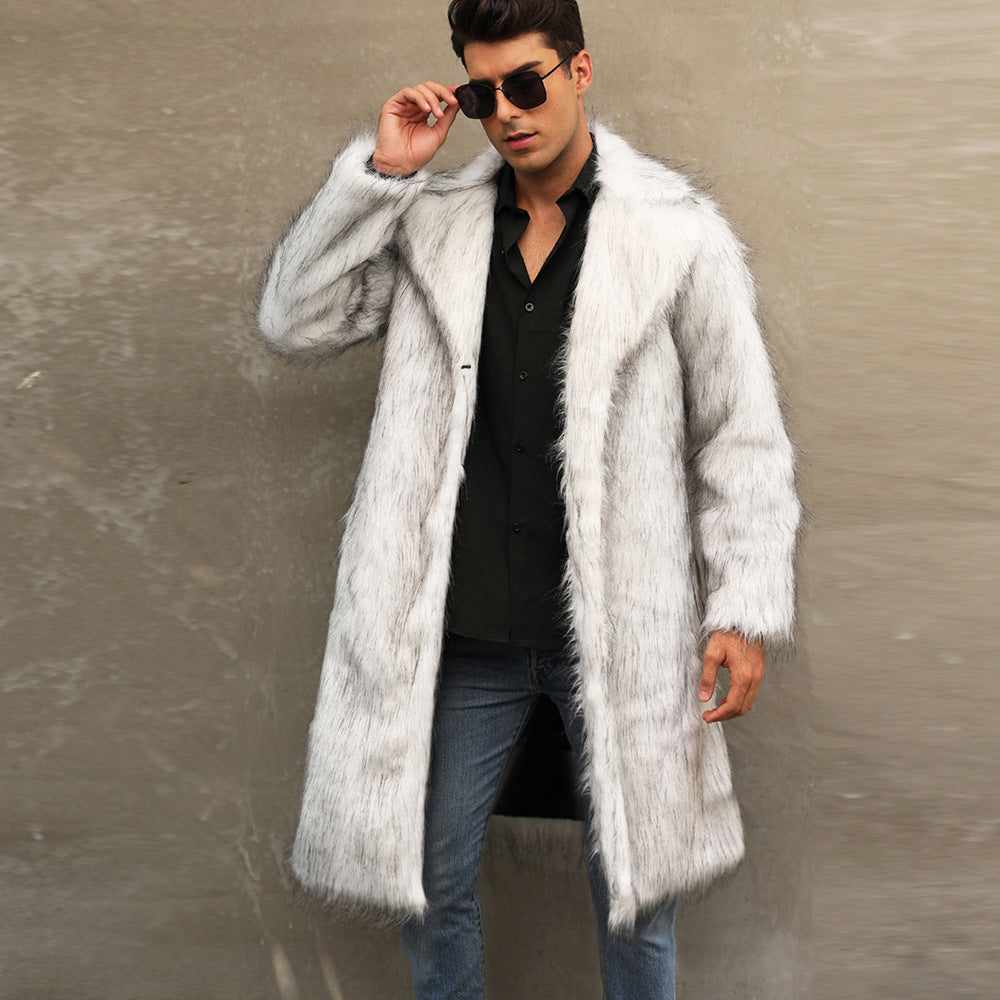 Herren Eleganter Kunstfellmantel mit tiefem Kragen Drune