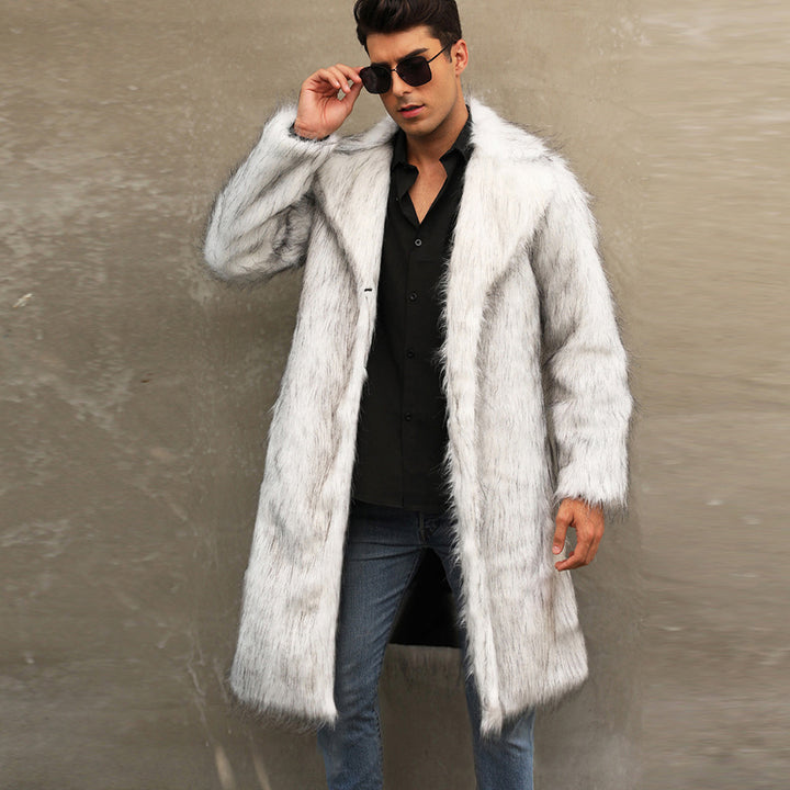 Herren Eleganter Kunstfellmantel mit tiefem Kragen Drune