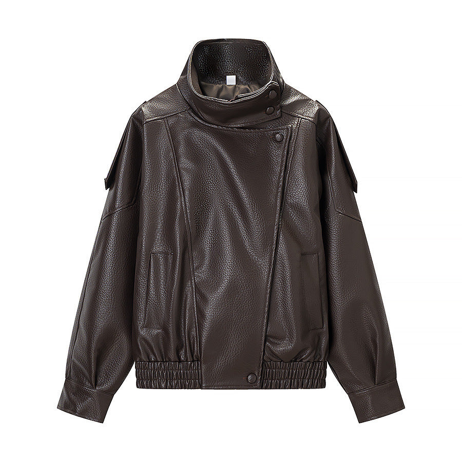 Damen modische Kunstlederjacke mit hohem Kragen und praktischen Taschen Drune