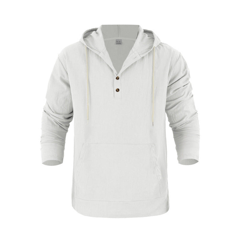 Herren nan Leinenoptik Henley-Kapuzenpullover mit Knopfleiste und Kängurutasche Drune