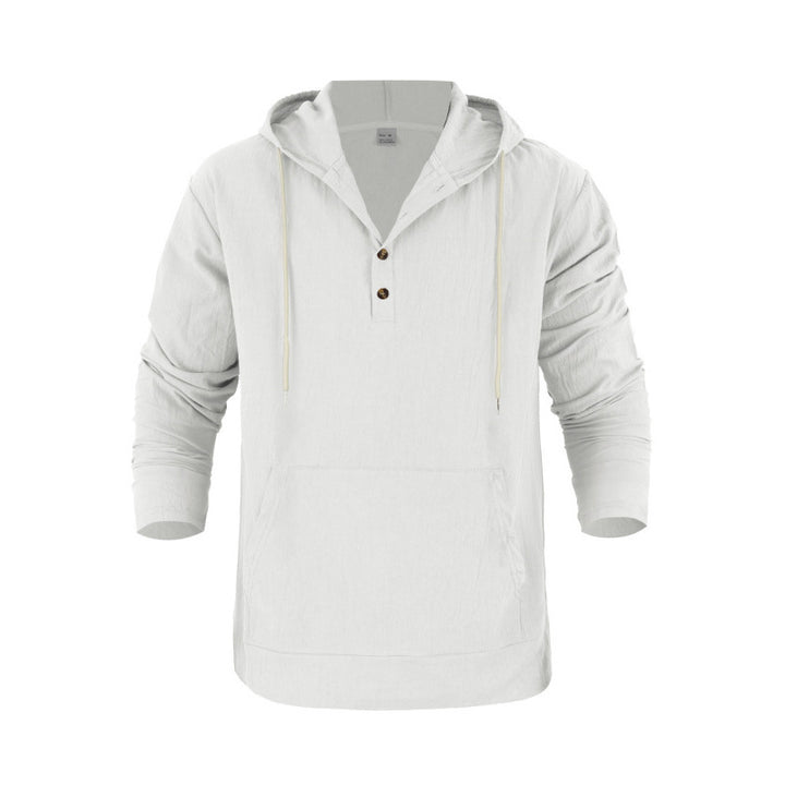 Herren nan Leinenoptik Henley-Kapuzenpullover mit Knopfleiste und Kängurutasche Drune