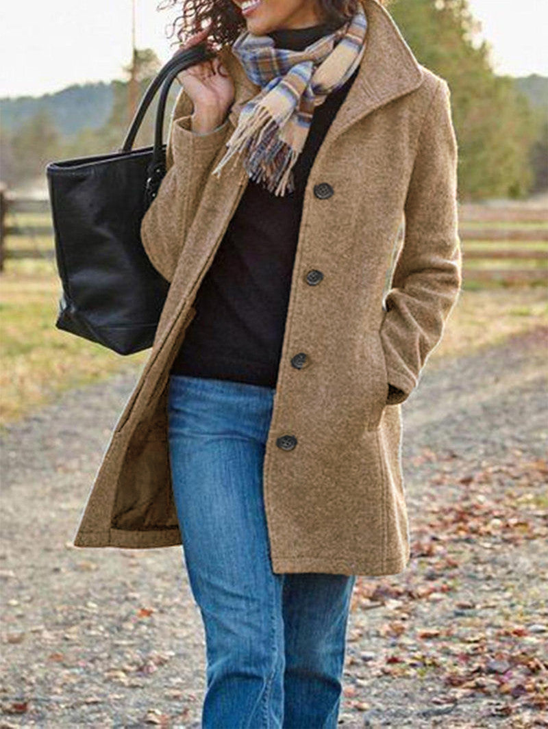 Damen modischer Wollmantel mit modernen Knopfdetails Drune