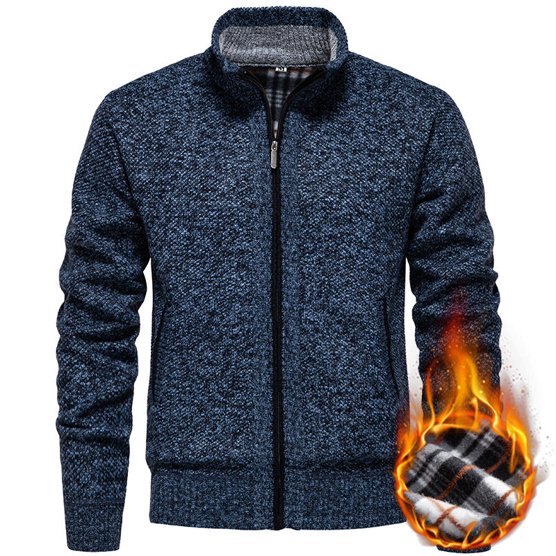 Herren nan strukturierter Strickcardigan mit durchgehendem Reißverschluss und kontrastgefüttertem Stehkragen Drune