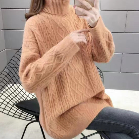 Damen Grobstrickpullover mit hohem Kragen und Zopfmuster Drune