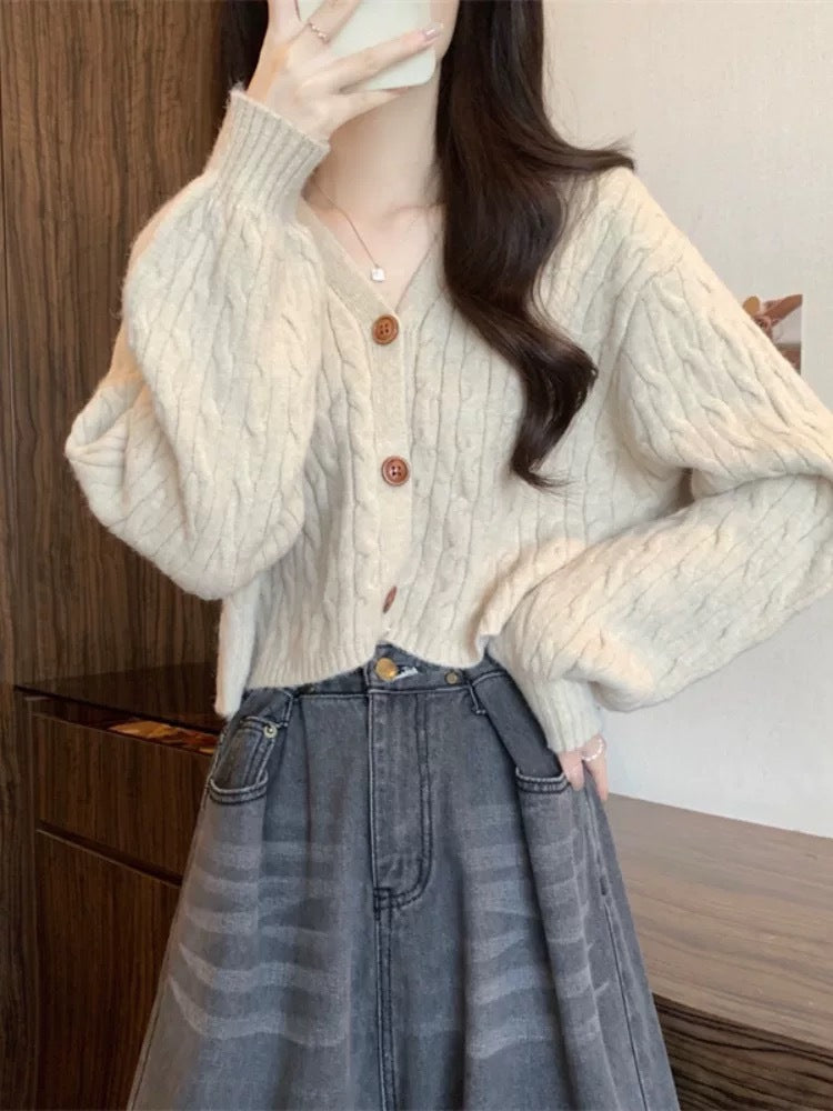 Damen lockerer Strickcardigan mit Zopfmuster und Knopfverschluss Drune