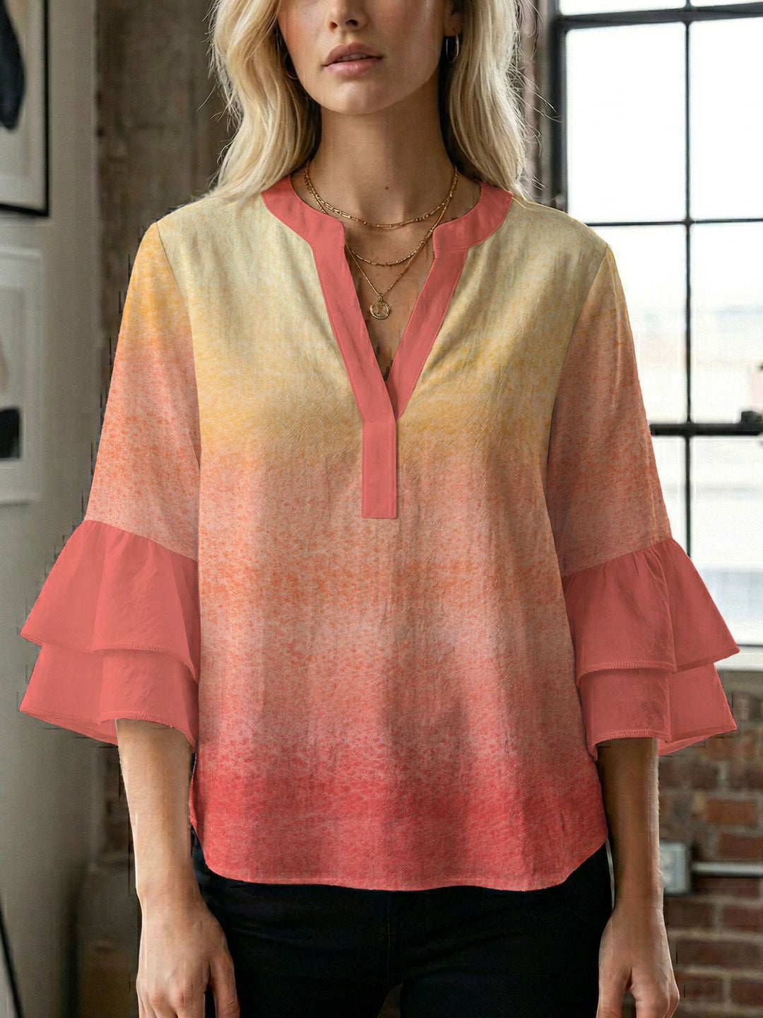 Damen Blusenshirt mit voluminösen Ärmeln und kreativem Druckdesign Drune