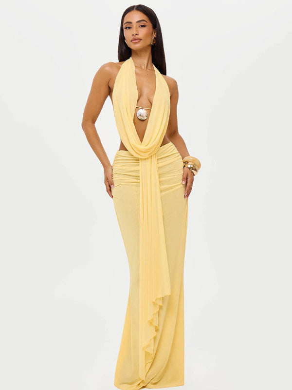Damen Elegantes Strandkleid mit tiefem Ausschnitt und fließendem Stoff Drune