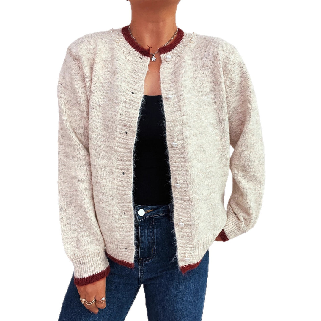 Damen edle Strickjacke mit dekorativen Knopfdetails und Perlenverzierungen Drune