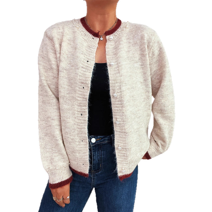 Damen edle Strickjacke mit dekorativen Knopfdetails und Perlenverzierungen Drune