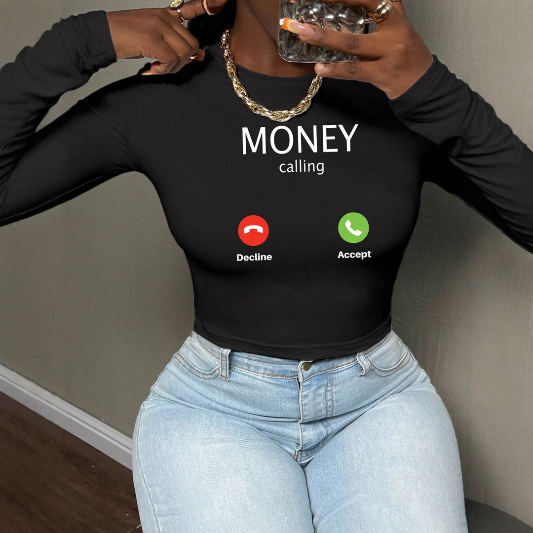 Damen nan kurzes Cropped-Longsleeve mit auffälligem Statement-Print und Call-Icon-Design Drune