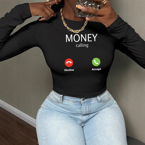 Damen nan kurzes Cropped-Longsleeve mit auffälligem Statement-Print und Call-Icon-Design Drune