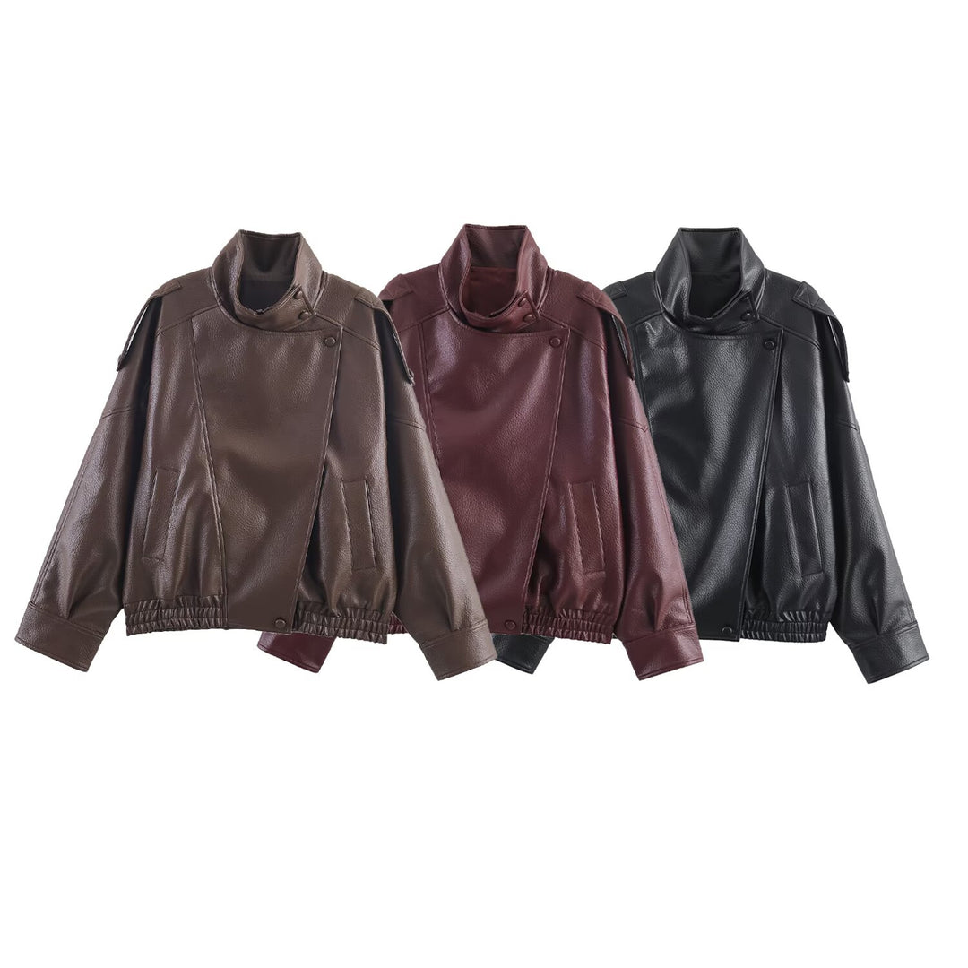 Damen nan oversized Bikerjacke Kunstlederoptik mit hohem Stehkragen, asymmetrischer Druckknopffront, Schulterriegeln und elastischem Saum Drune