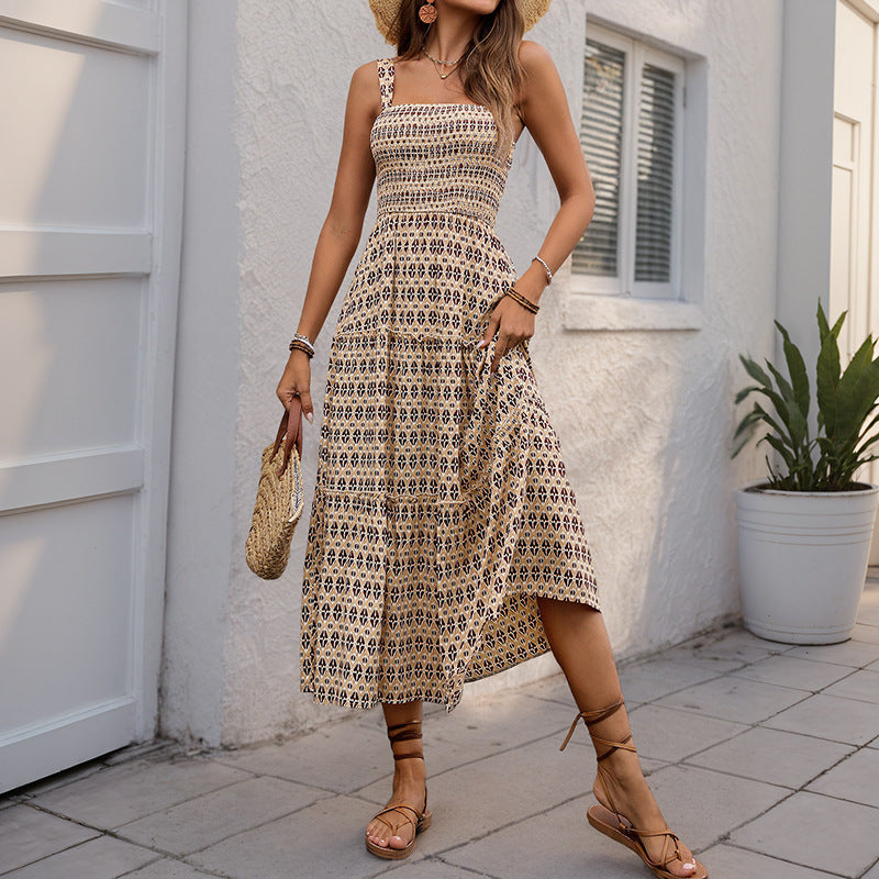 Damen Maxikleid mit strukturierten Rüschendetails und verspieltem Geometrie-Druck Drune