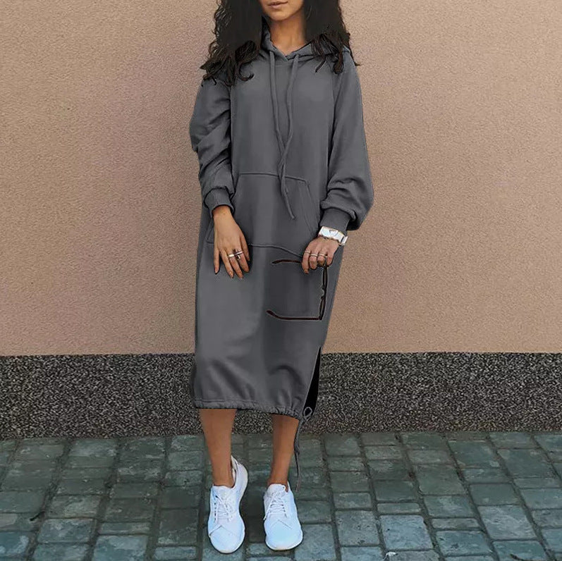 Damen Hoodie-Kleid mit seitlichen Eingrifftaschen und regulierbarem Saum Drune